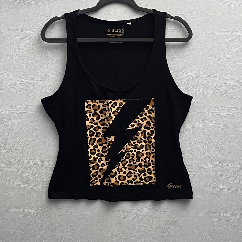 GUESS Black Tank with Leopard Print Lightning Graphic Large